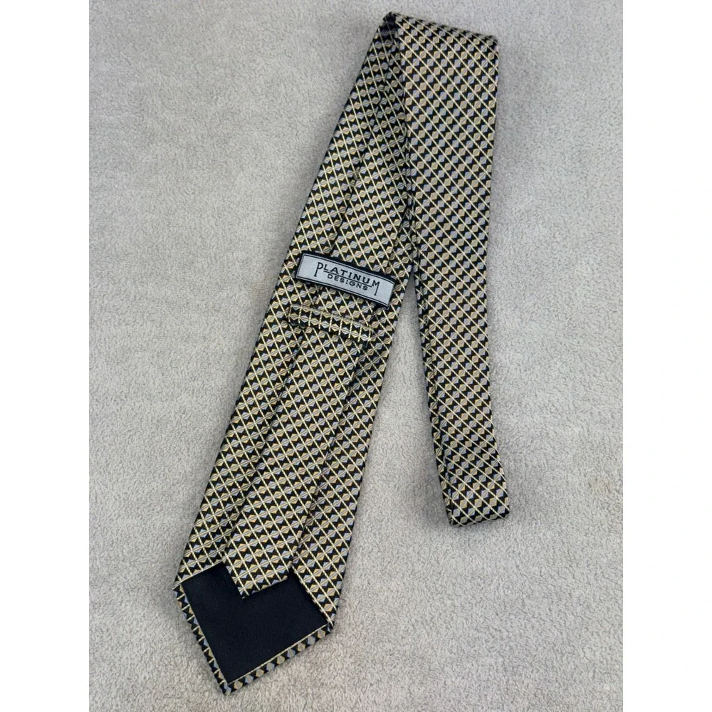 Platinum Designs Mens Silk Necktie Gold Blue Black Geometric Pattern Hand Made